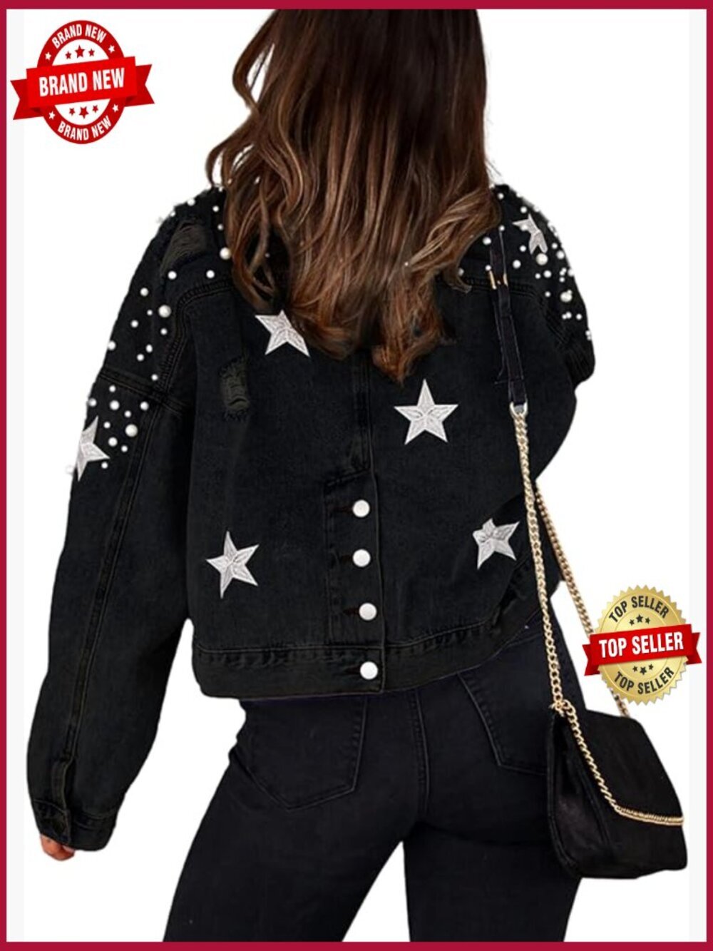 Cropped Pearls Beading Denim Jacket Ripped Star Embroidered Coat
